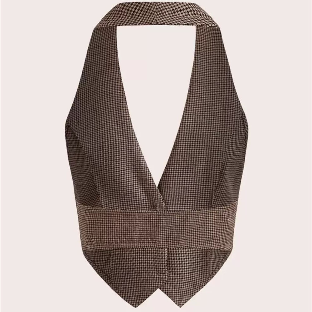 Button-Front Waistcoat Vest in Brown and Beige Plaid Size M - Picture 2 of 5